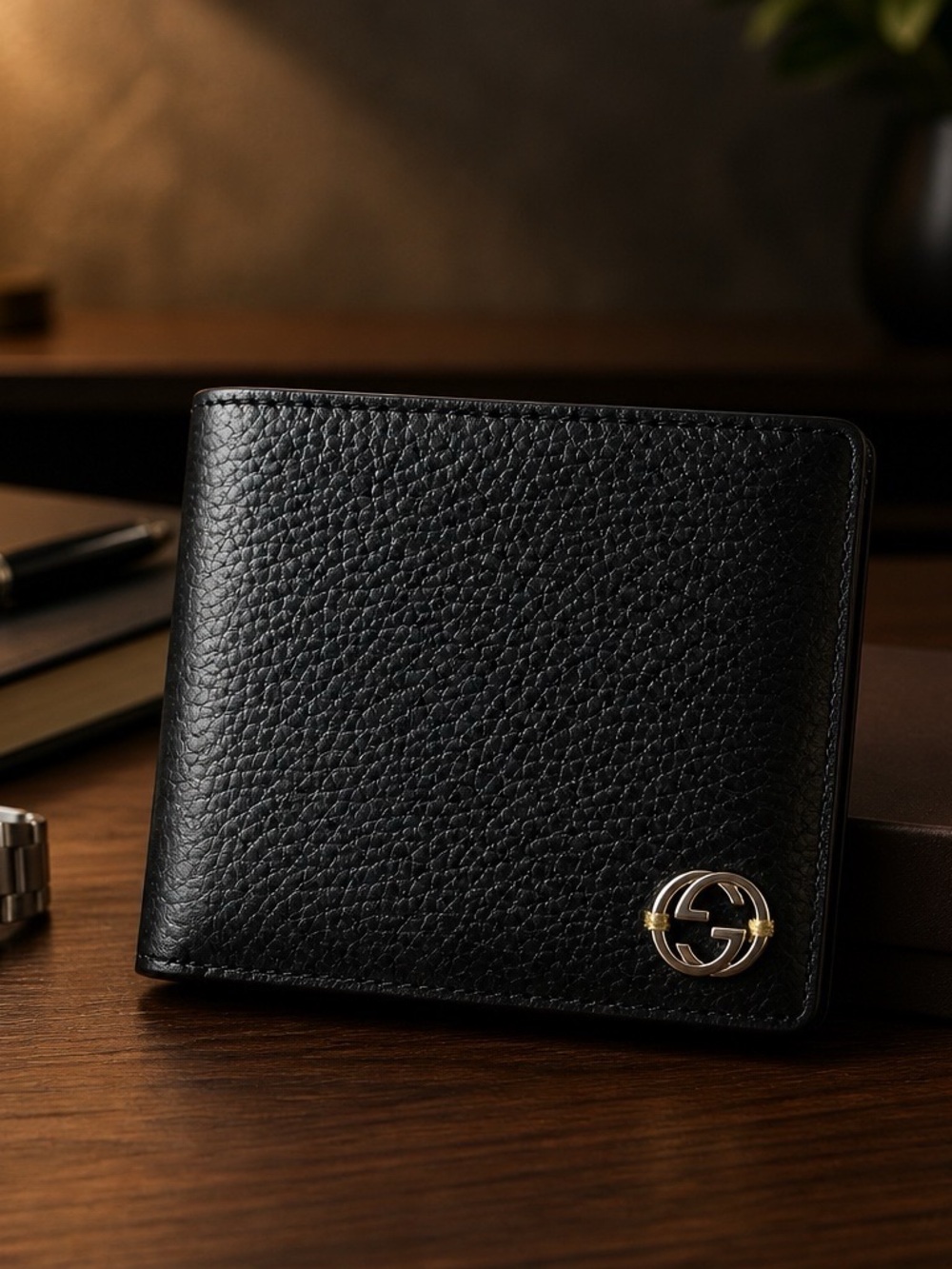 Gucci Black Textured Leather Bi-Fold Wallet with Gold-Tone GG Accent